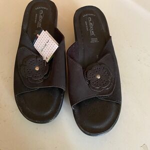 Flexus by Spring Step Black Leather Floral Anatomic Slide Sandals Italy 39 NEW